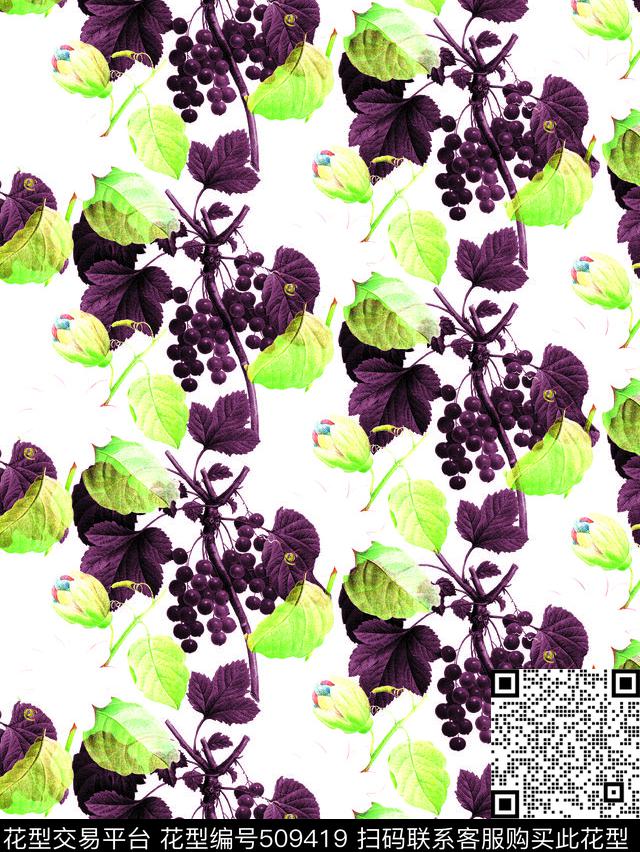 大牌田园风炫彩清新植物花卉女装图案 - 509419 - 绿色 田园风 植物 - 数码印花花型 － 女装花型设计 － 瓦栏