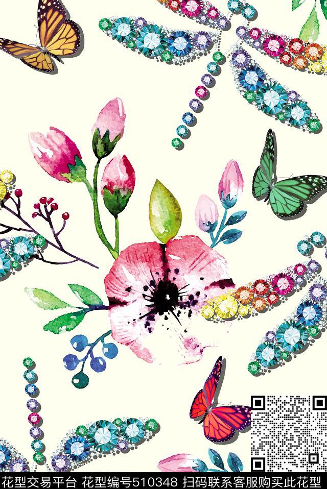 钻石  花卉   蜻蜓  蝴蝶 - 510348 - 钻石 花卉 蜻蜓 - 数码印花花型 － 女装花型设计 － 瓦栏