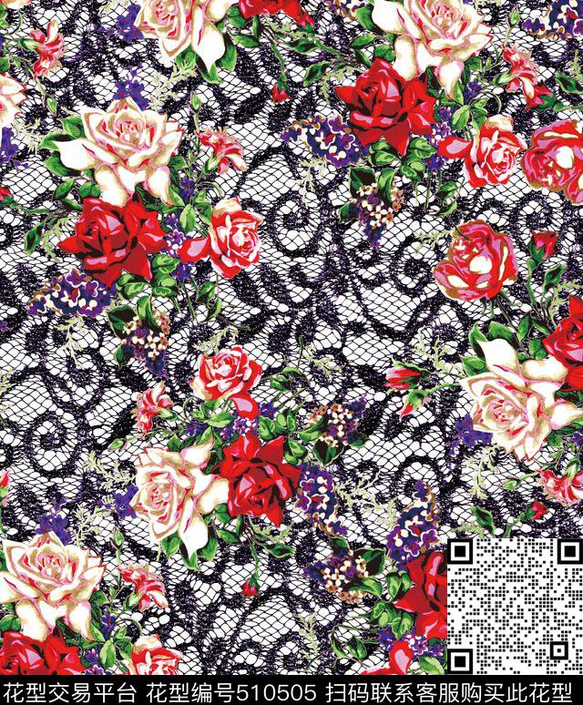 时尚潮流 蕾丝底纹花卉 女装花型 - 510505 - 复古 花卉 蕾丝 - 数码印花花型 － 女装花型设计 － 瓦栏