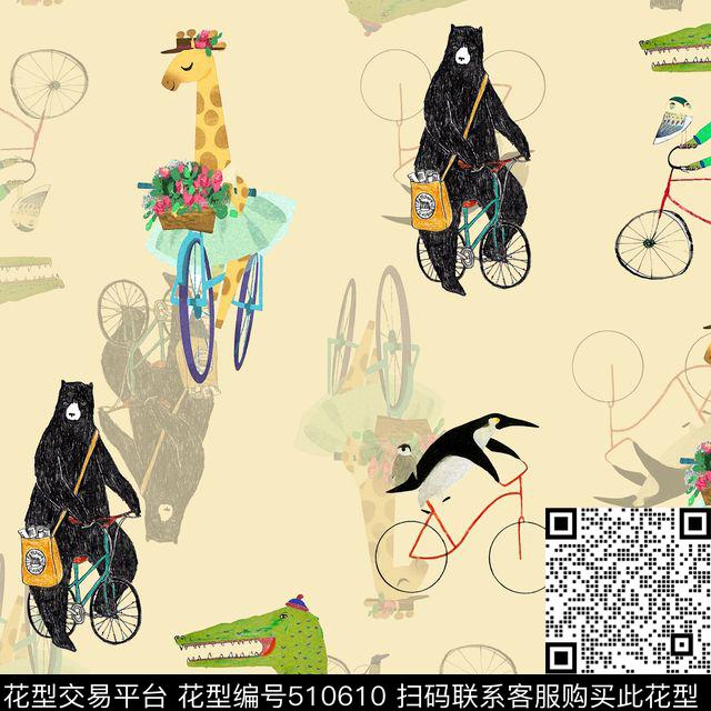 小动物的单车之旅，清新花型 - 510610 - 单车 动物 海豚 - 数码印花花型 － 女装花型设计 － 瓦栏