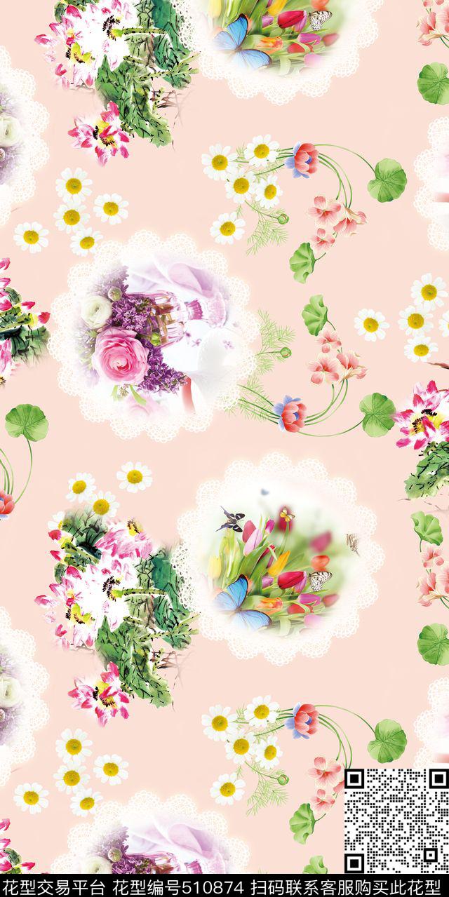 花卉组合 - 510874 - 1色 时尚 数码 - 数码印花花型 － 床品花型设计 － 瓦栏