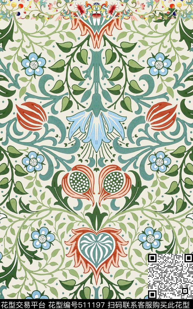 欧式卷草条纹花纹 - 511197 - 欧式 卷草 条纹 - 数码印花花型 － 女装花型设计 － 瓦栏