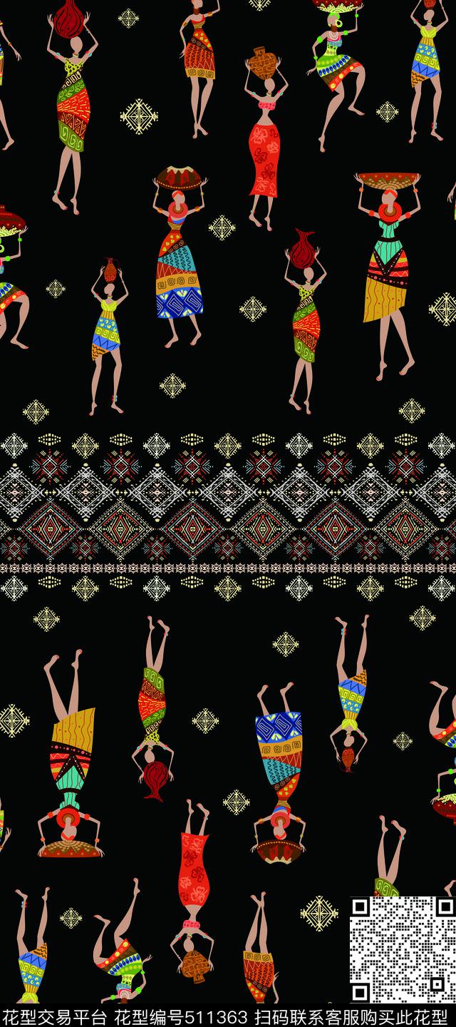 民族风   人物   方格  围巾 - 511363 - 手绘 波西米亚 民族风 - 传统印花花型 － 长巾花型设计 － 瓦栏