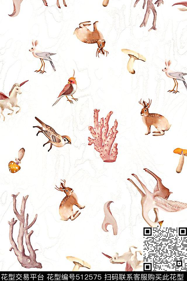 手绘抽象动物、鸟、珊瑚 - 512575 - 动物 蘑菇 鸟 - 数码印花花型 － 女装花型设计 － 瓦栏