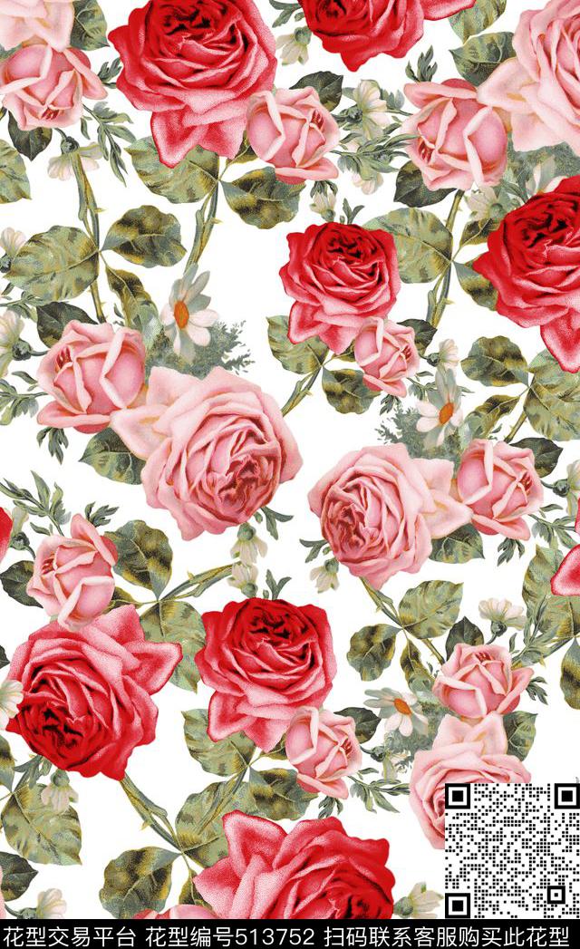手绘油画玫瑰花 - 513752 - 手绘玫瑰花 唯美鲜花 油画玫瑰花 - 数码印花花型 － 女装花型设计 － 瓦栏