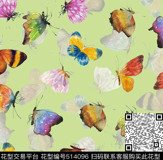 漫天蝴蝶飞，清新花型 - 514096 - 复古 蝴蝶 清新 - 数码印花花型 － 女装花型设计 － 瓦栏
