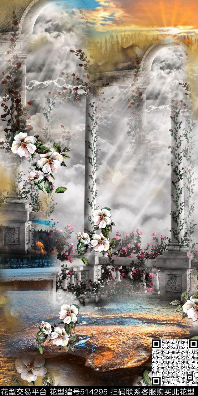 复古时尚女装数码花型 抽象风之欧式建筑与油画花卉 - 514295 - 抽象 建筑物 花卉 - 数码印花花型 － 女装花型设计 － 瓦栏