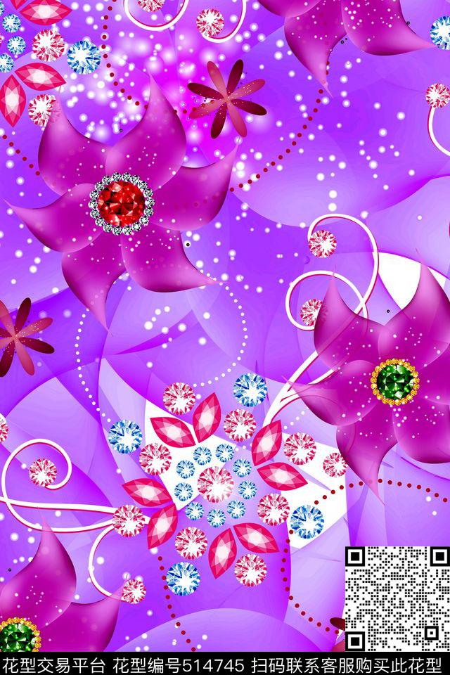 钻石花 - 514745 - 写意 钻石花朵 数码印花 - 数码印花花型 － 女装花型设计 － 瓦栏