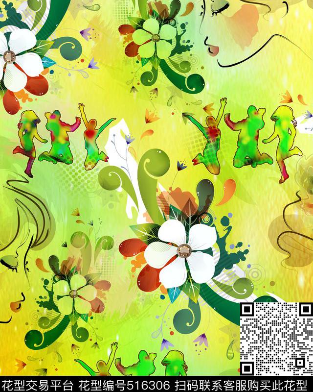 水彩花女 - 516306 - 水彩水墨 花卉人物 数码印花 - 数码印花花型 － 女装花型设计 － 瓦栏