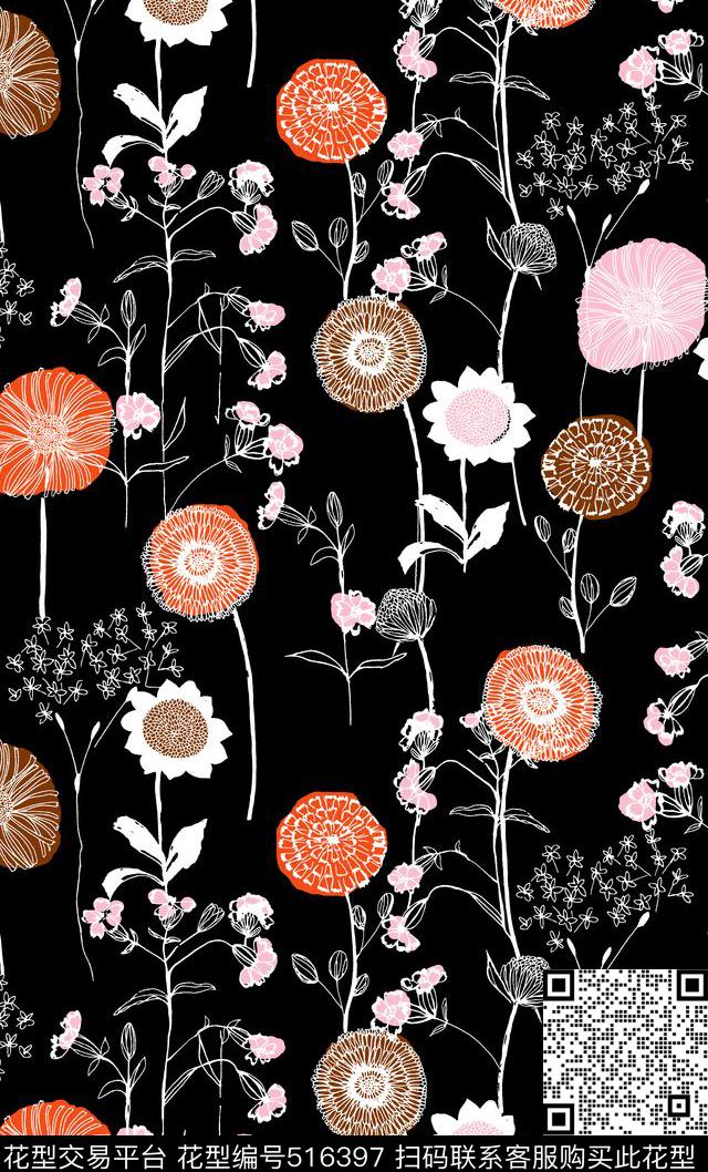 线条简笔画向日葵花卉 - 516397 - 简笔画 线条花卉 向日葵 - 传统印花花型 － 女装花型设计 － 瓦栏