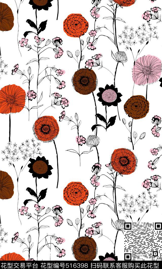 线条简笔画向日葵花卉 - 516398 - 简笔画 线条花卉 向日葵 - 传统印花花型 － 女装花型设计 － 瓦栏