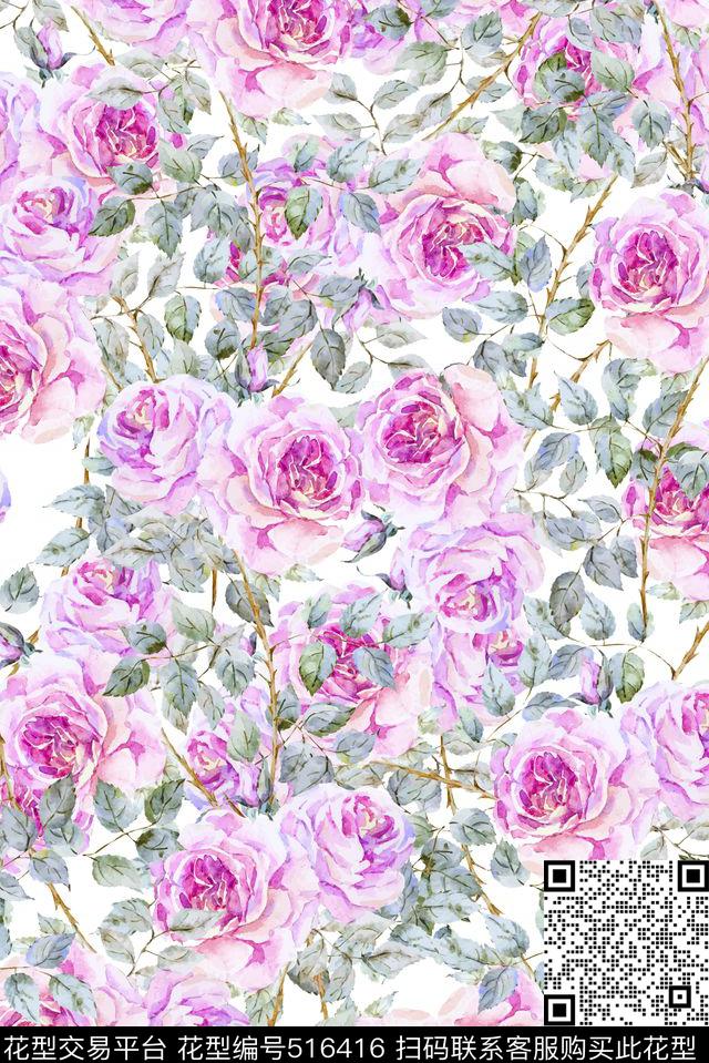 时尚清新手绘玫瑰花型 - 516416 - 时尚手绘 玫瑰 旗袍 - 数码印花花型 － 女装花型设计 － 瓦栏
