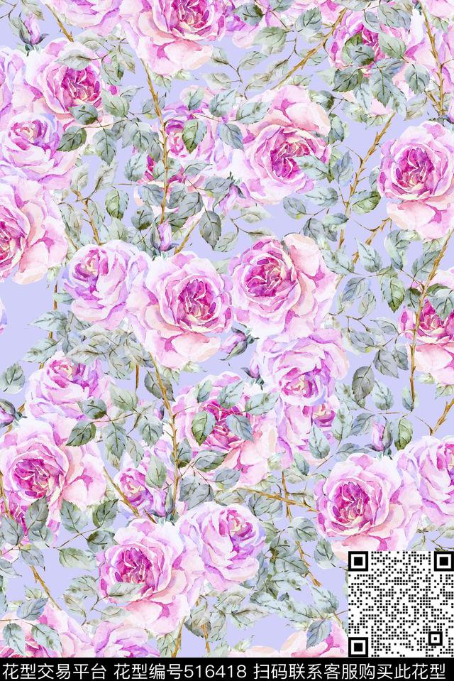 时尚清新手绘玫瑰花型 - 516418 - 时尚手绘 玫瑰 旗袍 - 数码印花花型 － 女装花型设计 － 瓦栏