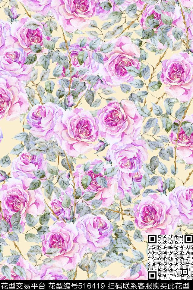 时尚清新手绘玫瑰花型 - 516419 - 时尚手绘 玫瑰 旗袍 - 数码印花花型 － 女装花型设计 － 瓦栏
