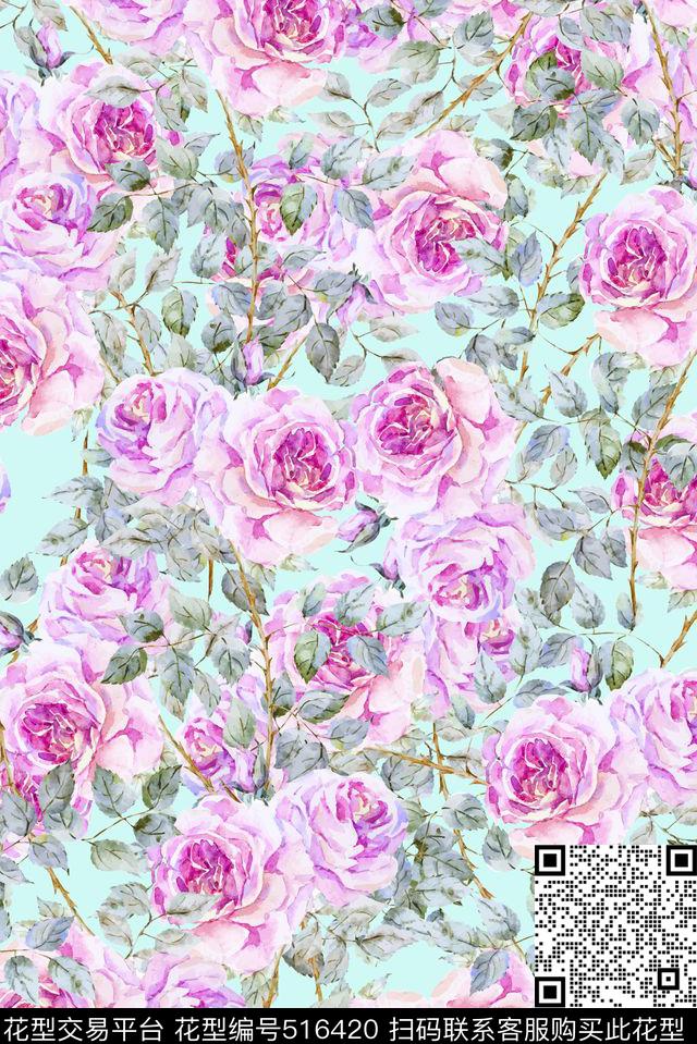 时尚清新手绘玫瑰花型 - 516420 - 时尚手绘 玫瑰 旗袍 - 数码印花花型 － 女装花型设计 － 瓦栏