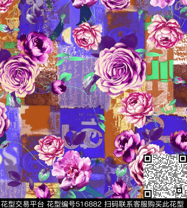 时尚复古欧美花卉传统印花 - 516882 - 花卉 潮流时尚大牌 抽象底纹 - 数码印花花型 － 其他花型设计 － 瓦栏