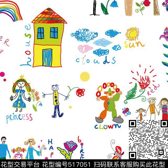 原创时尚大牌房子 人物 大树 字母童趣绘画花型 - 517051 - 原创 时尚 绘画 - 数码印花花型 － 女装花型设计 － 瓦栏