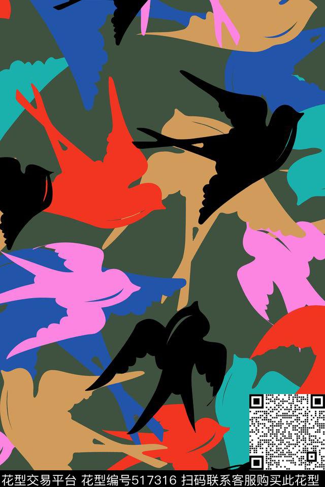 多彩迷彩飞鸟燕子 - 517316 - 迷彩 飞鸟 伦敦时装 - 传统印花花型 － 女装花型设计 － 瓦栏