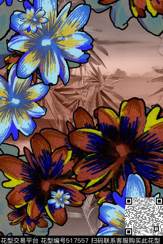 大花花卉 - 517557 - 可爱连衣裙 长巾丝巾 家纺 - 数码印花花型 － 女装花型设计 － 瓦栏