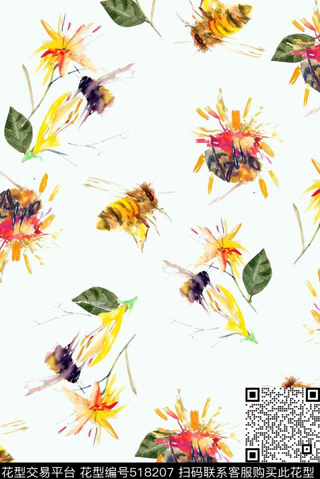 手绘蜜蜂花卉 - 518207 - 手绘 蜜蜂 树叶 - 数码印花花型 － 女装花型设计 － 瓦栏
