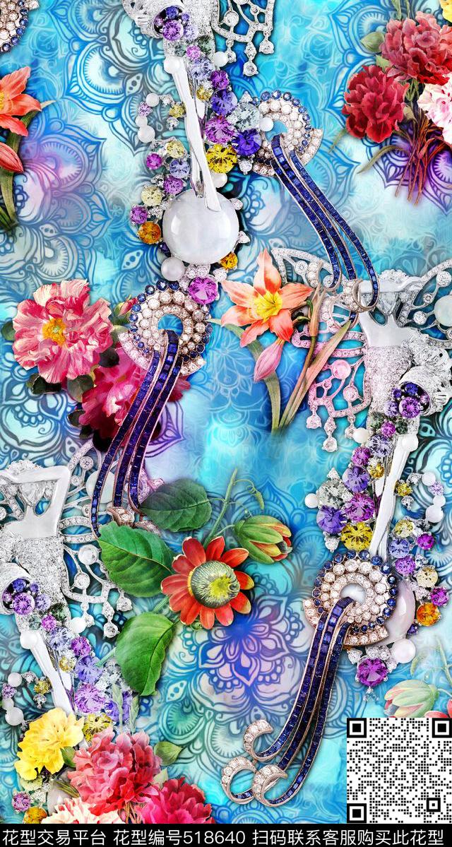 国外手绘花卉 油画 花卉 梵克雅宝 宝石组合 - 518640 - 国外手绘花卉 花卉 珠宝 - 数码印花花型 － 女装花型设计 － 瓦栏