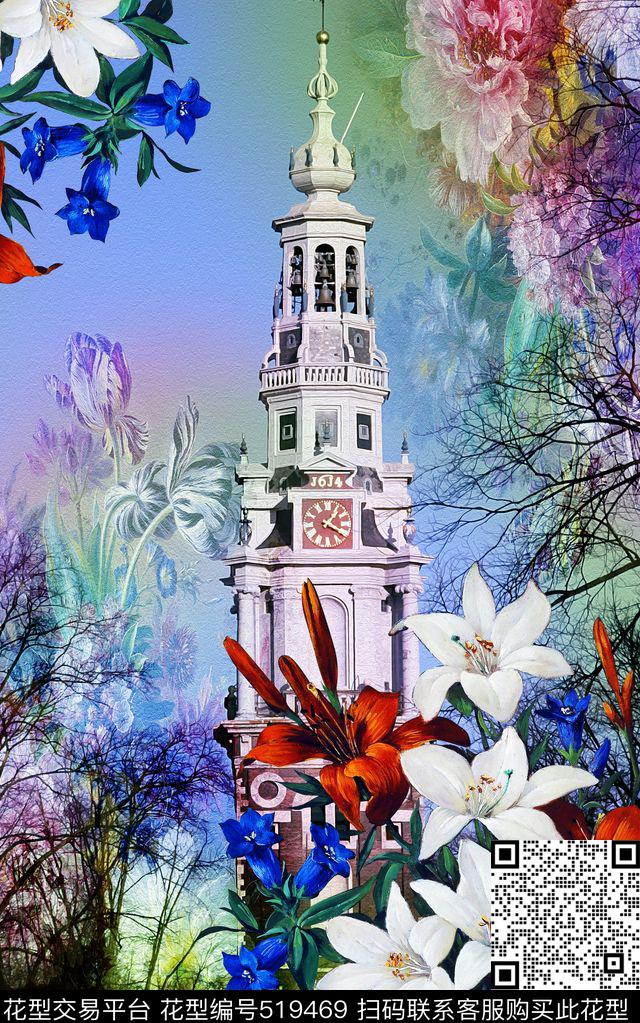 建筑与花卉的组合杜嘉班纳风花型定位 - 519469 - 花卉 伦敦钟 欧式风格 - 数码印花花型 － 女装花型设计 － 瓦栏