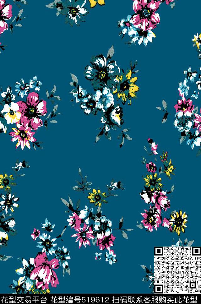 水墨花朵花卉 - 519612 - 水墨花朵 花卉 水彩花 - 数码印花花型 － 女装花型设计 － 瓦栏