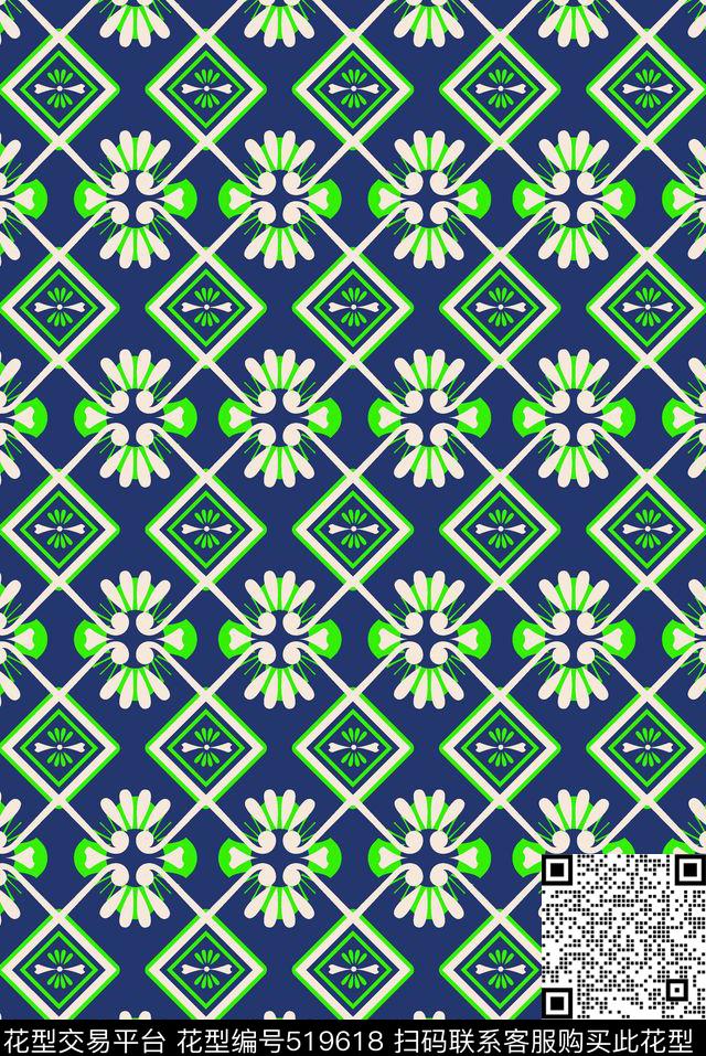 民族花 - 519618 - 复古时尚风 民族图案 裙装印花 - 传统印花花型 － 女装花型设计 － 瓦栏