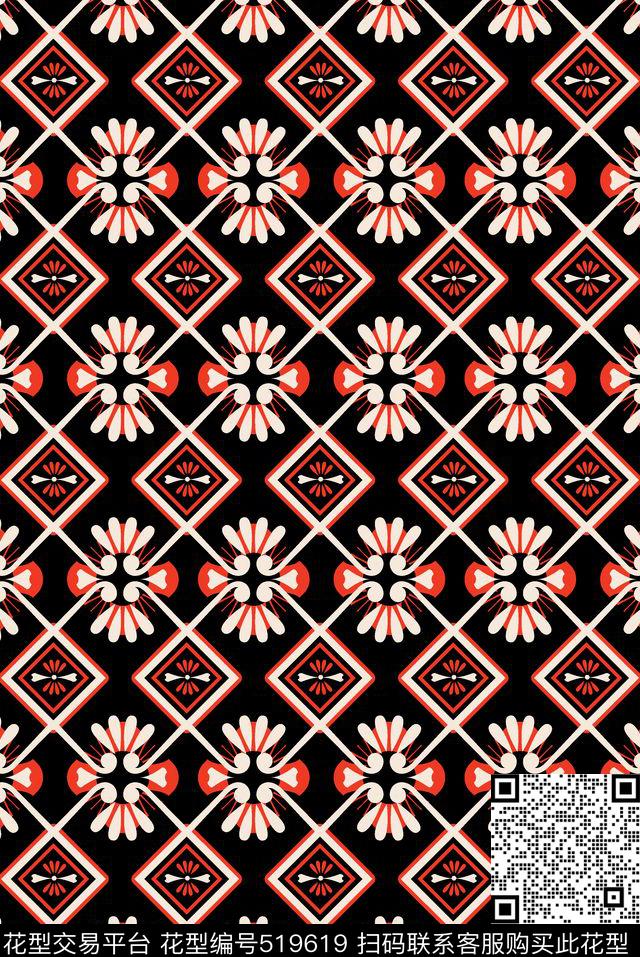 民族花 - 519619 - 复古时尚风 民族图案 裙装印花 - 传统印花花型 － 女装花型设计 － 瓦栏