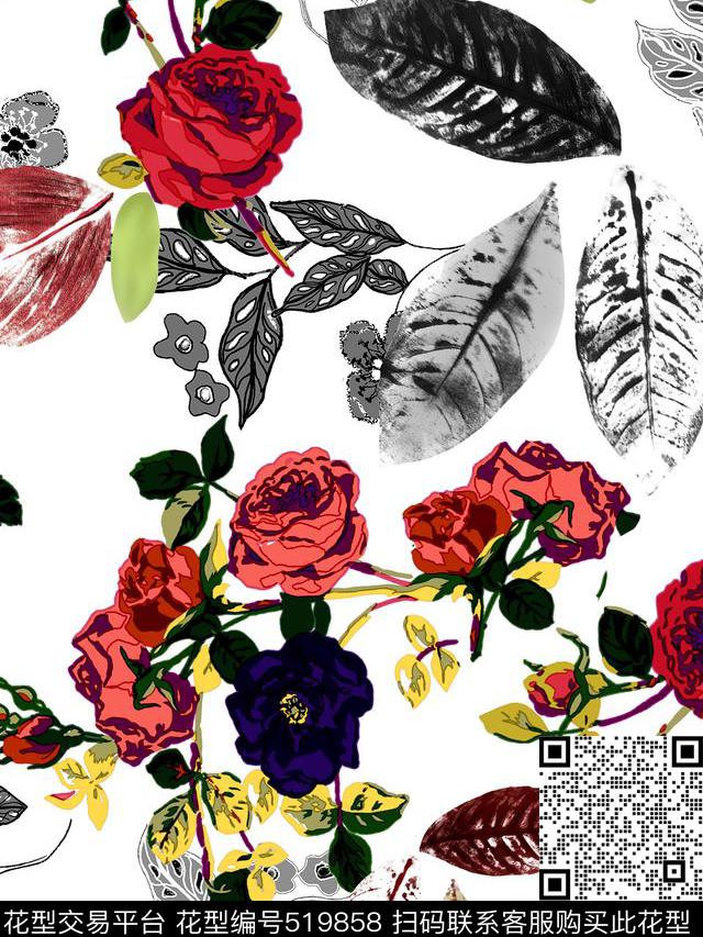 玫瑰花   - 519858 - 女装 时尚 树叶 - 传统印花花型 － 沙发布花型设计 － 瓦栏