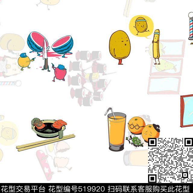 趣味美食西瓜寿司清新花型 - 519920 - 趣味 美食 西瓜寿司 - 数码印花花型 － 女装花型设计 － 瓦栏
