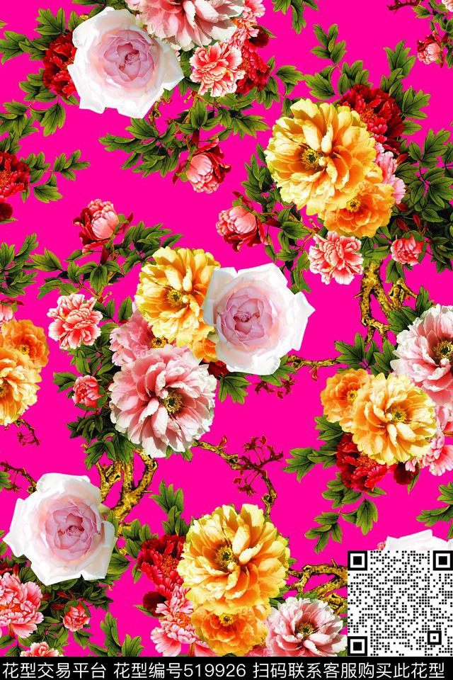 中国风时尚大气牡丹花卉 - 519926 - 牡丹 数码 中国风 - 数码印花花型 － 女装花型设计 － 瓦栏