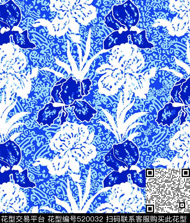 青花瓷   白底蓝花 - 520032 - 中国风 青花瓷   白底兰花  几何图案 民族 - 传统印花花型 － 女装花型设计 － 瓦栏