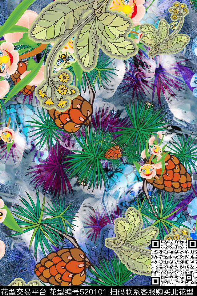 花卉组自然田园风 - 520101 - 长巾围巾 复古休闲怀旧 连衣裙 - 数码印花花型 － 女装花型设计 － 瓦栏