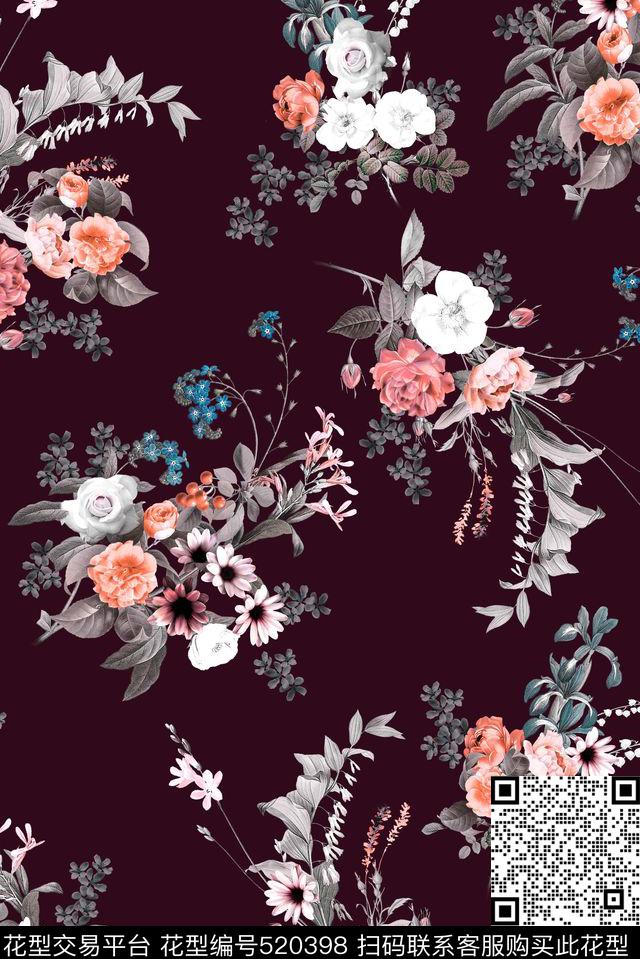 花型设计花卉 - 520398 - 果子 花卉 手绘 - 数码印花花型 － 女装花型设计 － 瓦栏