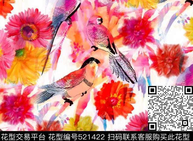 水彩风鹦鹉 - 521422 - 水彩 鹦鹉 花卉 - 数码印花花型 － 女装花型设计 － 瓦栏
