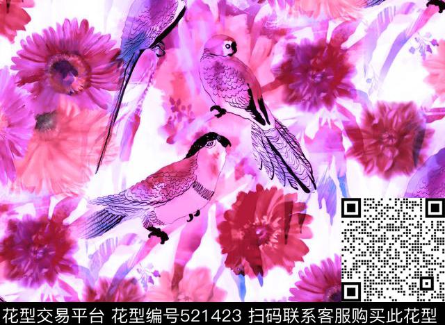 水彩风鹦鹉 - 521423 - 水彩 鹦鹉 花卉 - 数码印花花型 － 女装花型设计 － 瓦栏
