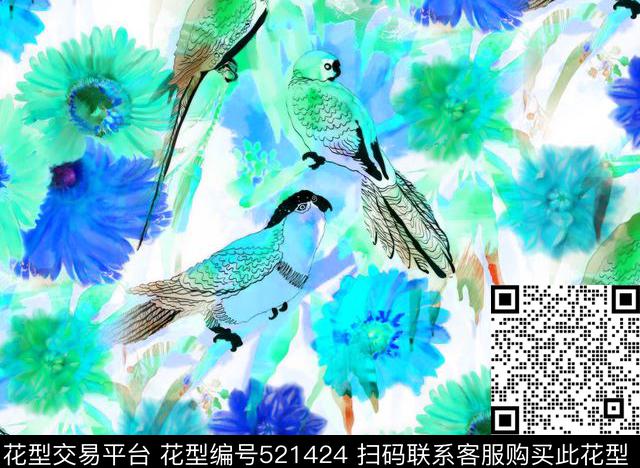 水彩风鹦鹉 - 521424 - 水彩 鹦鹉 花卉 - 数码印花花型 － 女装花型设计 － 瓦栏
