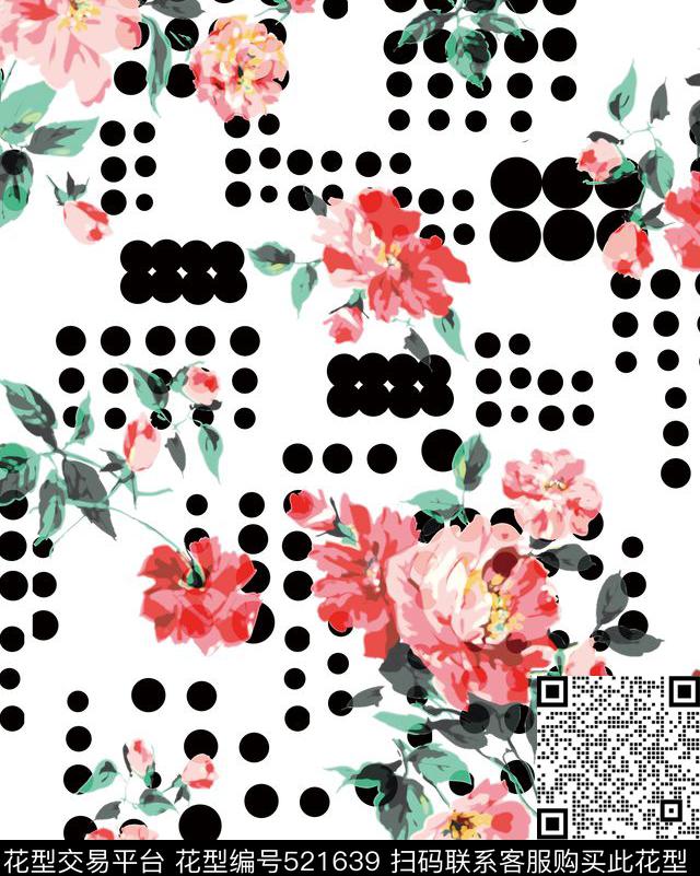 原创大牌花卉 几何 波点花型 - 521639 - 原创 花卉 优雅 - 数码印花花型 － 女装花型设计 － 瓦栏