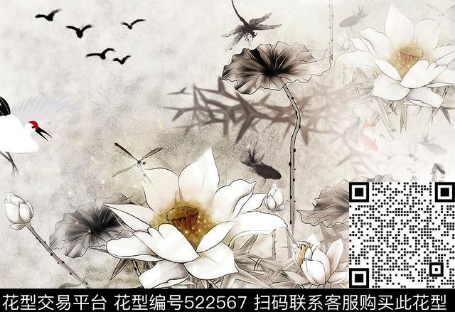 鱼花墨画 - 522567 - 风景颜料画 古典 水彩 - 数码印花花型 － 女装花型设计 － 瓦栏