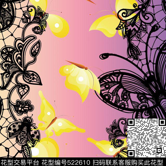  蝴蝶蕾丝渐变色  - 522610 - 时尚 蝴蝶 蕾丝 - 数码印花花型 － 女装花型设计 － 瓦栏