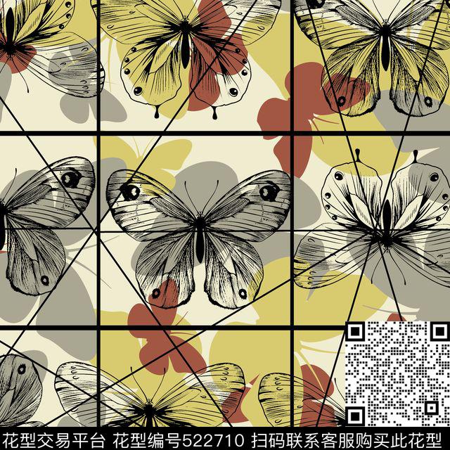  蝴蝶几何 昆虫   - 522710 - 时尚 蝴蝶 几何 - 传统印花花型 － 女装花型设计 － 瓦栏