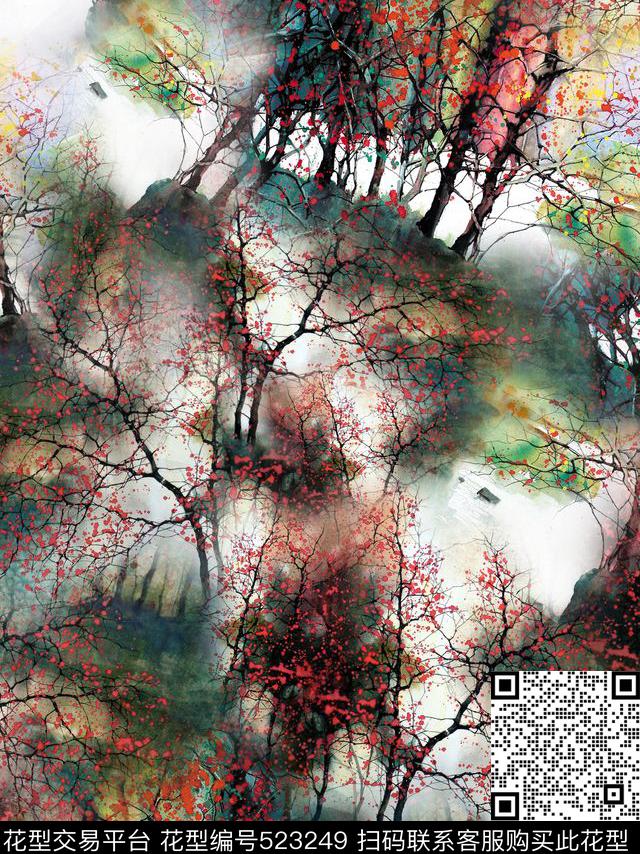 数码印花花型  - 523249 - 树木 数码 油画 - 数码印花花型 － 女装花型设计 － 瓦栏