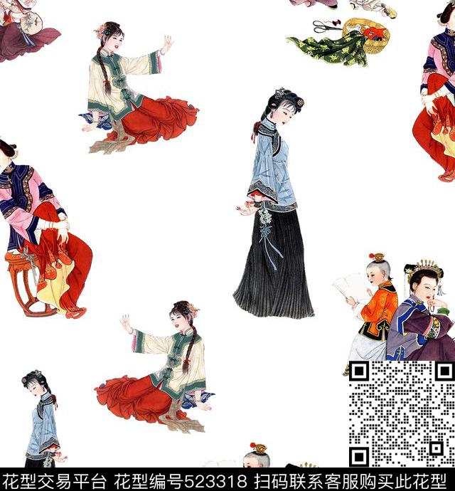 中国风旗袍数码花型 - 523318 - 古代女子 人物 中国风 - 数码印花花型 － 女装花型设计 － 瓦栏