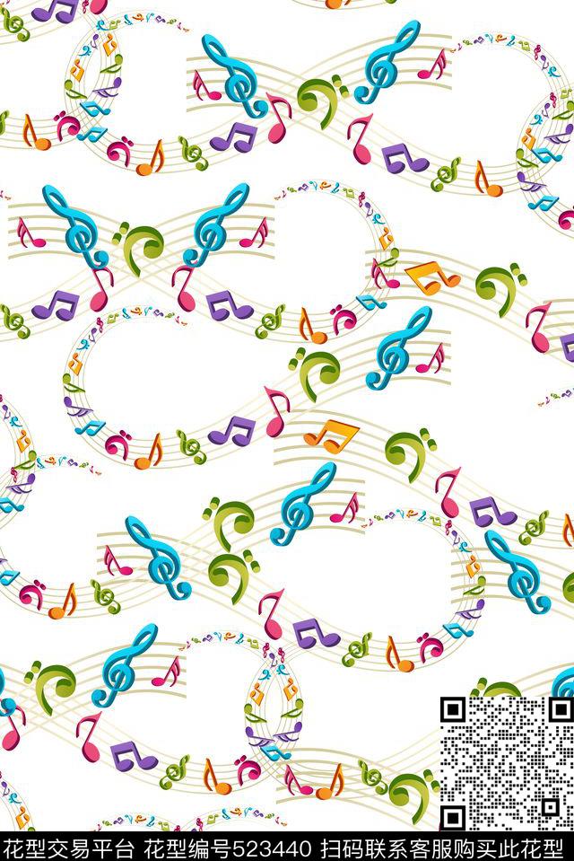 简单音乐符号 - 523440 - 彩色曲线 五线谱 休闲 - 数码印花花型 － 女装花型设计 － 瓦栏
