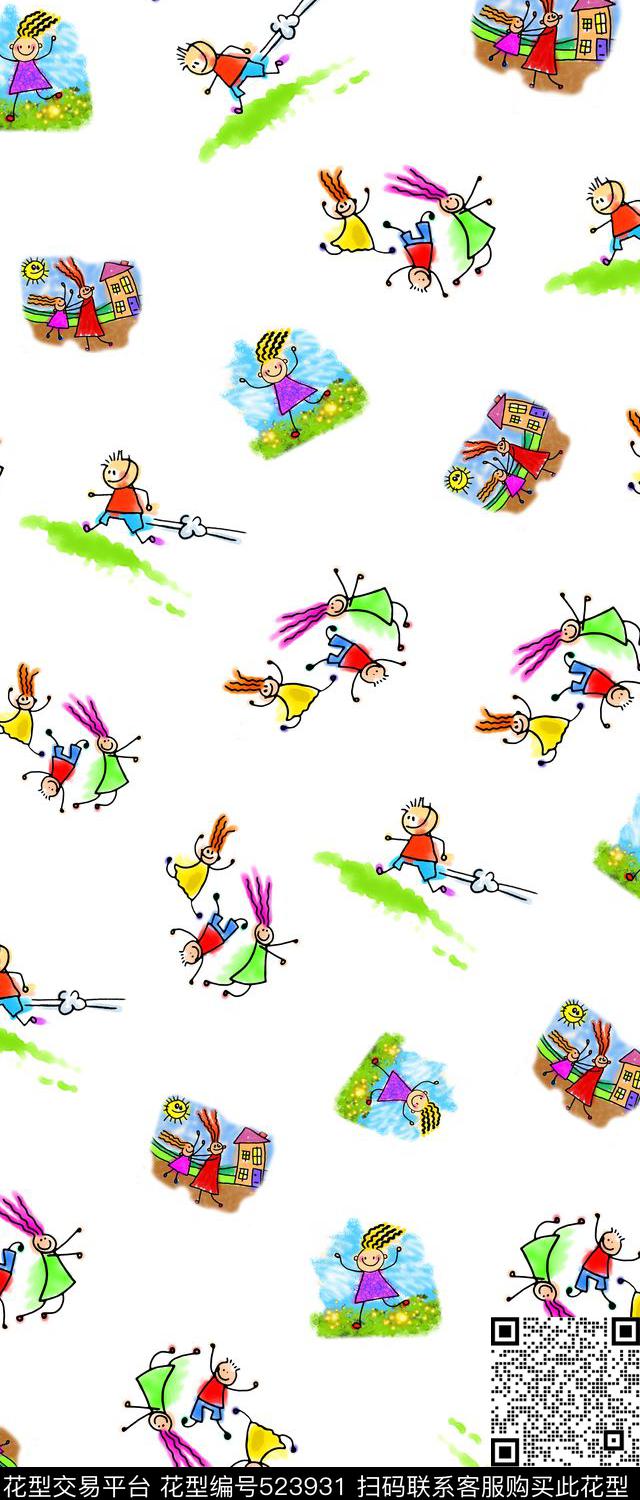 儿童手舞足蹈手绘彩色印花图案 - 523931 - 抽象漫画 动画 孩童 - 数码印花花型 － 女装花型设计 － 瓦栏