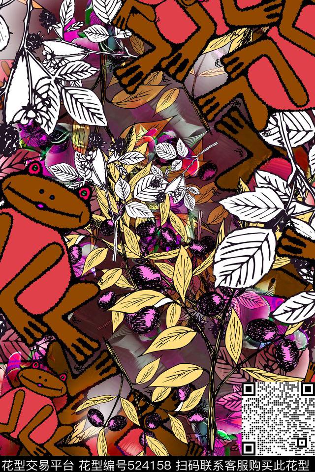 抽象风格怪异现实魔幻拼凑印花 - 524158 - 花叶鸟 民族风复古 田园风花卉 - 数码印花花型 － 女装花型设计 － 瓦栏