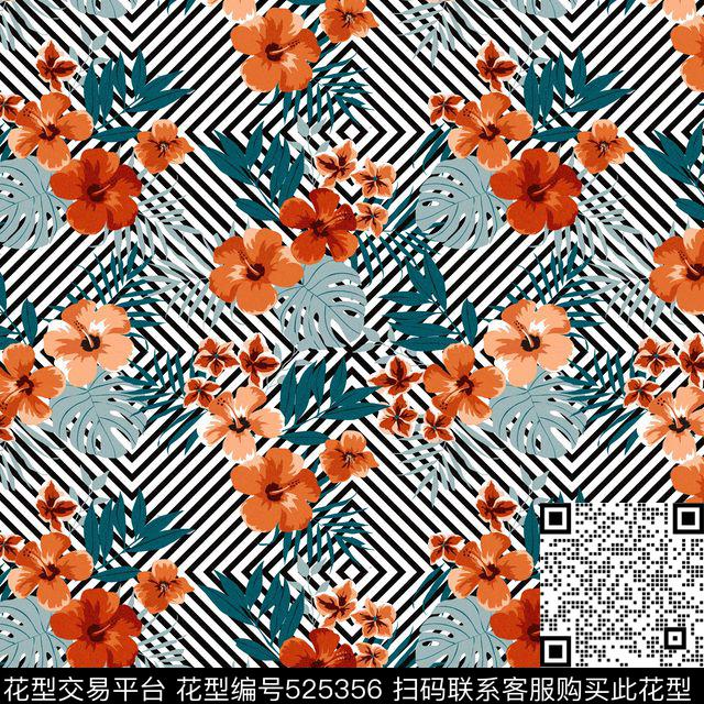 2016时尚潮流花卉 - 525356 - 大花 黑白 几何 - 传统印花花型 － 女装花型设计 － 瓦栏
