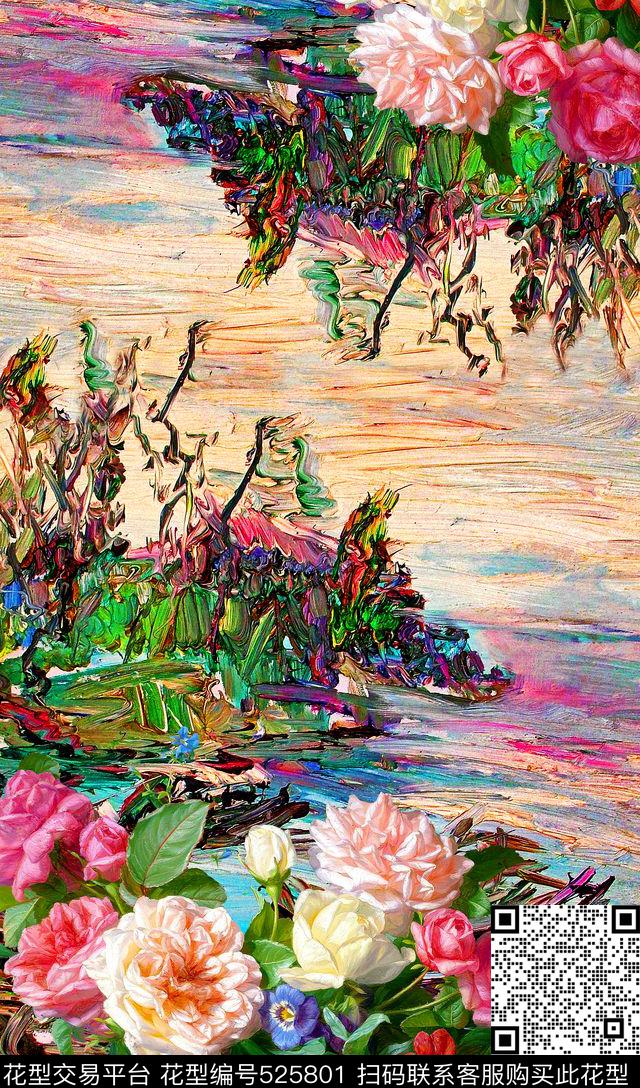 油画质感海上定位面料 - 525801 - 油画质感 抽象 笔触 - 数码印花花型 － 女装花型设计 － 瓦栏