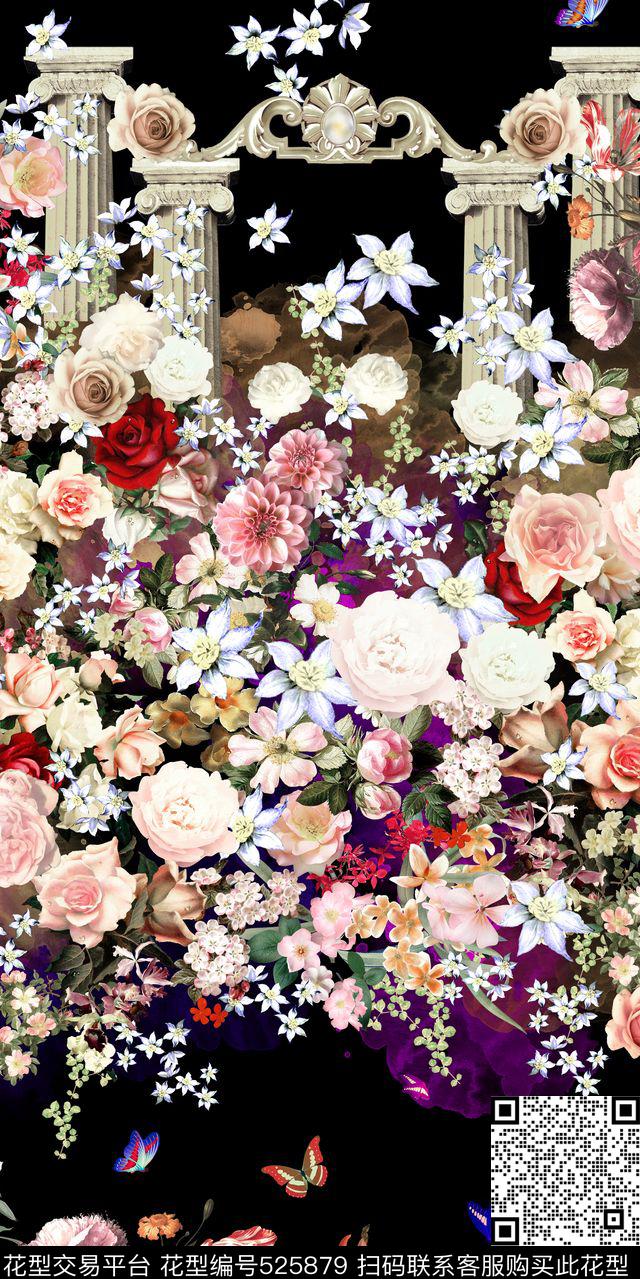 油画花型设计花卉组合 - 525879 - 蝴蝶 欧式立柱 欧式纹样 - 数码印花花型 － 女装花型设计 － 瓦栏